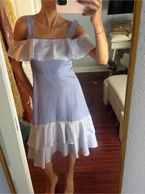 J. Crew Blue and White Striped Off-Shoulder Ruffle Midi Dress 100% silk